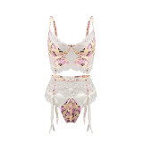 Lolita Tight Three Pieces Floral Print Contrast Lace Lingerie Set With Garter