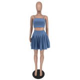 Solid Color Denim Straps Mini Pleated Skirt Set