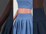 Solid Color Denim Straps Mini Pleated Skirt Set