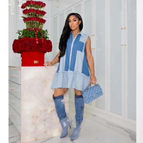Solid Color Patchwork Print Tank Pleated Dress