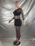 Sexy See Through Long Sleeve Stitching Mesh Rompers and Trousers