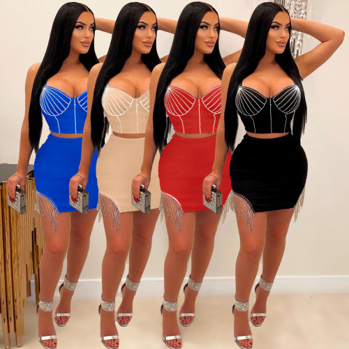 Women Hot Drill Straps Crop Top Bodycon Mini Skirts with Padded