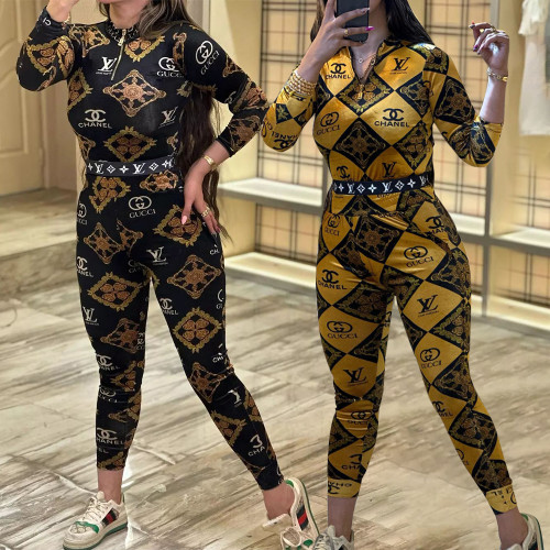 Fashion Two Piece Women Color Contrast Zipper High Neck Printed Pant Set