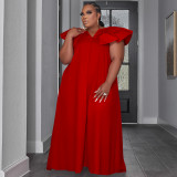Solid Color Plus Size Woven Ruffled Sleeve V-neck Stitching Party Dress