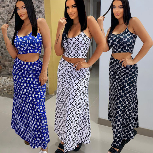 Fashion Printed Straps Crop Top and Long Skirts