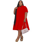 Fat Plus Size Solid Color Shirt Collar Short Sleeve Midi Dresses With Zipper