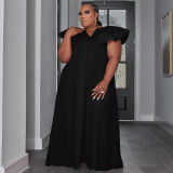 Solid Color Plus Size Woven Ruffled Sleeve V-neck Stitching Party Dress