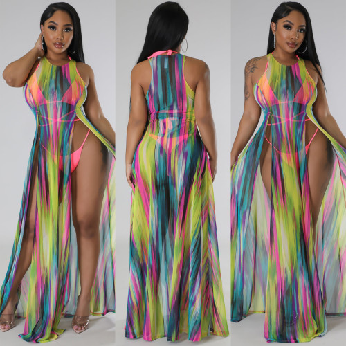 Sexy See Through Tie-dye Printed Slit Beach Cover-up Dresses