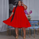 Fat Plus Size Solid Color Shirt Collar Short Sleeve Midi Dresses With Zipper