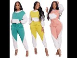 Women's Splicing Contrasting Color High Collar Sweatshirt Hooded Pant Set