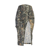Women's Camouflage Leaf Print Cargo Slit Zipper High Waist Skirt with Pocket