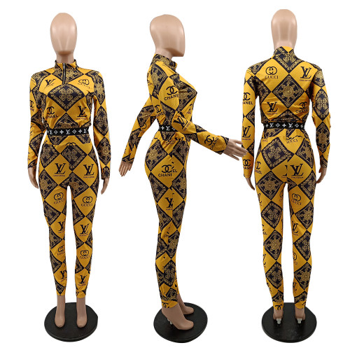 Fashion Two Piece Women Color Contrast Zipper High Neck Printed Pant Set