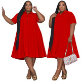 Fat Plus Size Solid Color Shirt Collar Short Sleeve Midi Dresses With Zipper