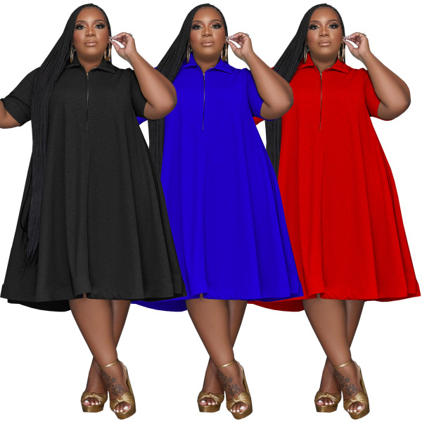 Fat Plus Size Solid Color Shirt Collar Short Sleeve Midi Dresses With Zipper