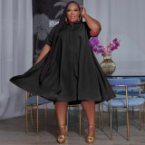 Fat Plus Size Solid Color Shirt Collar Short Sleeve Midi Dresses With Zipper