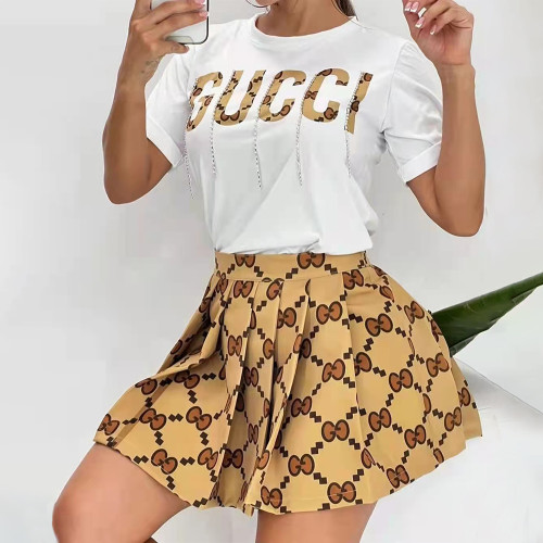 Fashion High Quality Two Piece Elegant Chain Pleated Skirt Set