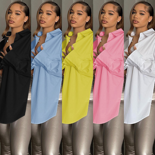 Solid Color Turndown Neck Slit Hollow Long Sleeve Shirts