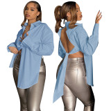 Solid Color Turndown Neck Slit Hollow Long Sleeve Shirts