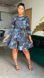 Fashion Alphabet Offset Printed Long Sleeve Camouflage Pleated Dress