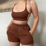 Summer Hollow Outfits Casual Straps Backless Two-piece Shorts Sportswear Set