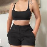 Summer Hollow Outfits Casual Straps Backless Two-piece Shorts Sportswear Set