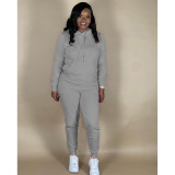 Spring Pure Color Sports Pullover Hoodie Sweatshirt Pant Set with Pockets