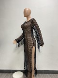 Fashion Sexy See Through Hollow Knit Crochet Tassel Dresses