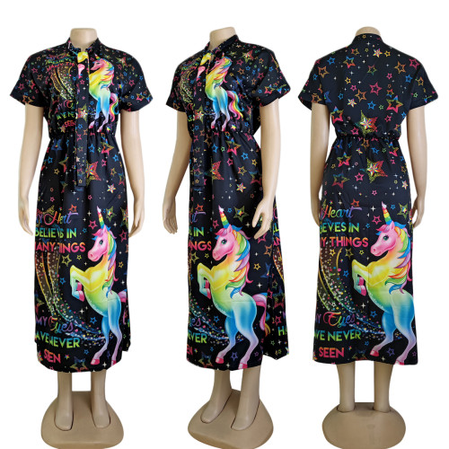 Fashion Digital Printing Casual Short Sleeve Swing Dress