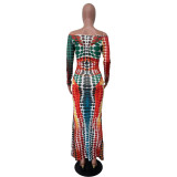 Casual Digital Printed Off Shoulder Long Sleeve Maxi Dress