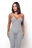 Solid Color Ribbed Straps Padded Casual Yoga Bodycon Jumpsuits