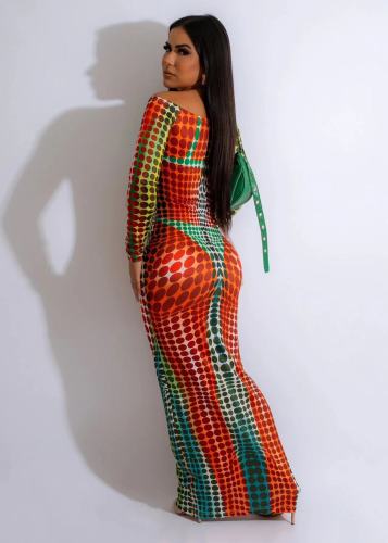 Casual Digital Printed Off Shoulder Long Sleeve Maxi Dress