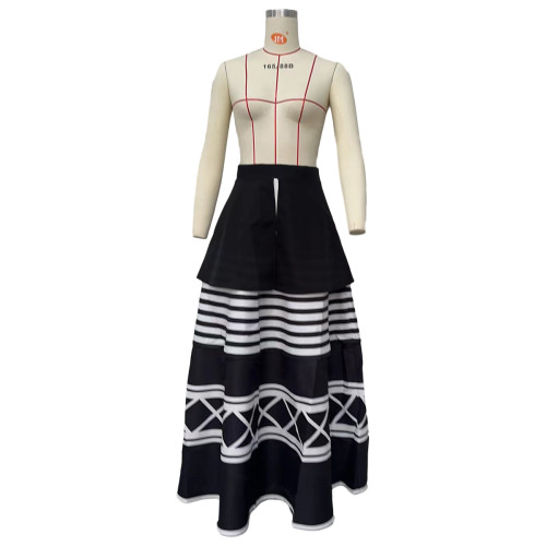 Black Casual Street Striped Print Patchwork High Waist Skirt (Without Belt)