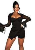 Casual Mesh Stitching Bell Sleeves Lapel Playsuits with Padded