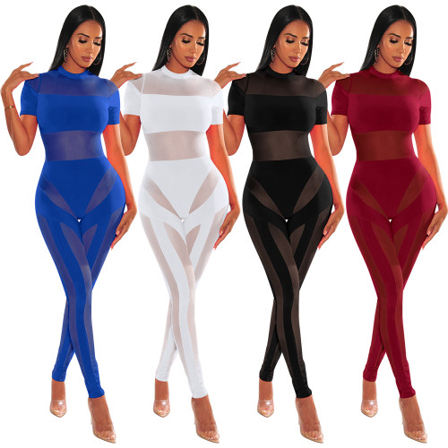 Sexy See Through Mesh Stitching Short Sleeve Jumpsuit