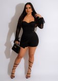 Casual Mesh Stitching Bell Sleeves Lapel Playsuits with Padded