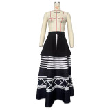 Black Casual Street Striped Print Patchwork High Waist Skirt (Without Belt)