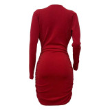 Solid Color Long Sleeve V Neck Open Cross Bodycon Club Dress
