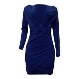 Solid Color Long Sleeve V Neck Open Cross Bodycon Club Dress