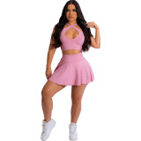 Solid Sexy Hollow Neck Crossover Skirt Set