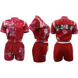 Fashion Casual Printed Baseball Uniform Short Sleeve 2 Piece Outfits