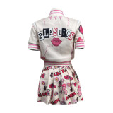 Fashion Printed Baseball Uniform Trendy Jacket Pleated Skirt Two-piece Set