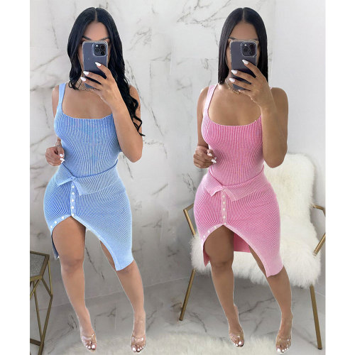 Women's Fashion Pit Sleeveless Rompers Tops and Skirt Two-Piece Set