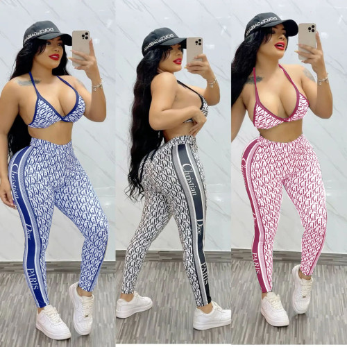 High Quality Explosive Summer Sexy Halter Padded Bra and Trousers Two Pieces