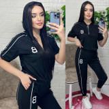 Fashion Zipper Hooded Embroidery Casual Ladies Short Sleeve Two Piece Set