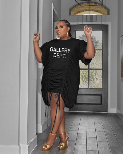 Plus Size Fat Woman Printed Double Sleeve Drawstring Wrinkled Loose Dresses