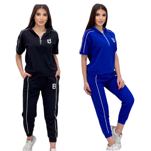 Fashion Zipper Hooded Embroidery Casual Ladies Short Sleeve Two Piece Set