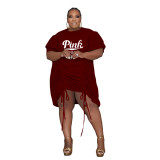 Plus Size Fat Woman Printed Double Sleeve Drawstring Wrinkled Loose Dresses