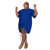 Plus Size Fat Woman Double Sleeve Drawstring Wrinkled Loose Dress