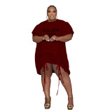 Plus Size Fat Woman Printed Double Sleeve Drawstring Wrinkled Loose Dresses