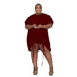 Plus Size Fat Woman Double Sleeve Drawstring Wrinkled Loose Dress